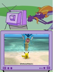 Size: 608x771 | Tagged: safe, steven magnet, gyarados, pikachu, g4, exploitable meme, from ponibooru, meme, pokepark wii, pokémon, tv meme