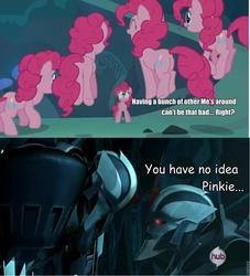 Size: 853x940 | Tagged: safe, edit, edited screencap, screencap, pinkie pie, earth pony, pony, g4, too many pinkie pies, butt, clone, female, fun fun fun, hub logo, mare, pinkie clone, plot, starscream, transformers