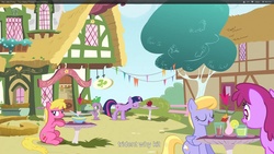 Size: 1920x1080 | Tagged: safe, screencap, berry punch, berryshine, cherry berry, cloud kicker, spike, twilight sparkle, dragon, unicorn, g4, too many pinkie pies, apple, food, male, mushroom table, ponyville, unicorn twilight, youtube caption