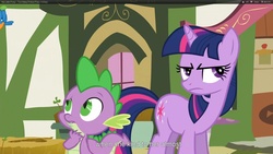 Size: 1920x1080 | Tagged: safe, screencap, spike, twilight sparkle, dragon, unicorn, g4, my little pony: friendship is magic, too many pinkie pies, duo, duo male and female, female, male, mushroom table, ponyville, unicorn twilight, youtube caption