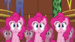 Size: 720x405 | Tagged: safe, screencap, pinkie pie, g4, too many pinkie pies, animated, clone, female, floppy ears, lip bite, multeity, pinkie clone, reaction image, too much pink energy is dangerous