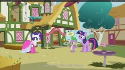 Size: 1920x1080 | Tagged: safe, screencap, rarity, spike, twilight sparkle, dragon, unicorn, g4, too many pinkie pies, clothes, dress, male, mushroom table, ponyville, trio, unicorn twilight, youtube caption