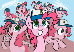 Size: 2356x1668 | Tagged: safe, artist:derkrazykraut, pinkie pie, earth pony, pony, g4, too many pinkie pies, cap, clone, colored, double dipper, fun fun fun, gravity falls, hat, male, parody, pinkie clone, regular show, xk-class end-of-the-world scenario