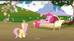 Size: 1920x1080 | Tagged: safe, edit, edited screencap, screencap, fluttershy, pinkie pie, butterfly, earth pony, pegasus, pony, g4, too many pinkie pies, belly, butt, caption, fainting couch, female, flower, mare, plot, text, youtube caption