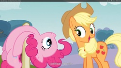 Size: 1920x1080 | Tagged: safe, screencap, applejack, pinkie pie, earth pony, pony, g4, too many pinkie pies, belly, duo, duo female, female, mare, youtube caption