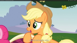 Size: 1920x1080 | Tagged: safe, screencap, applejack, pinkie pie, g4, too many pinkie pies, duo, duo female, female, youtube caption