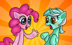 Size: 1280x800 | Tagged: safe, artist:poppeto, lyra heartstrings, pinkie pie, g4, too many pinkie pies, hand