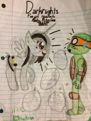 Size: 900x1200 | Tagged: safe, artist:princessdarknight, oc, alicorn, pegasus, pony, turtle, alicorn oc, blushing, crossover, fangirl, female, mare, michelangelo, speech bubble, teenage mutant ninja turtles, traditional art