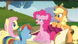 Size: 1920x1080 | Tagged: safe, screencap, applejack, fluttershy, pinkie pie, rainbow dash, g4, too many pinkie pies, youtube caption