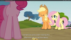 Size: 1920x1080 | Tagged: safe, screencap, applejack, fluttershy, pinkie pie, g4, too many pinkie pies, female, trio, trio female, youtube caption