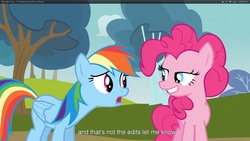 Size: 1920x1080 | Tagged: safe, screencap, pinkie pie, rainbow dash, g4, too many pinkie pies, duo, duo female, female, youtube caption