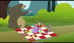 Size: 1279x746 | Tagged: safe, edit, edited screencap, screencap, bear, chipmunk, duck, ferret, squirrel, g4, too many pinkie pies, animal, caption, cup, food, linkedin, picnic blanket, sandwich, tea party, teacup, teapot, text, youtube caption