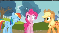 Size: 1920x1080 | Tagged: safe, screencap, applejack, pinkie pie, rainbow dash, g4, too many pinkie pies, female, trio, trio female, youtube caption