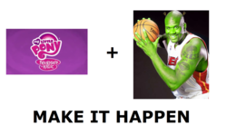 Size: 1488x886 | Tagged: safe, human, hybrid, ogre, g4, all caps, basketball, crossover, crossover fusion, exploitable meme, fusion, hybrid fusion, irl, irl human, make it happen, meme, meta, my little pony logo, photo, shaquille o'neal, shraq, shrek, shrek (character), sports, text