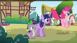 Size: 1920x1080 | Tagged: safe, screencap, pinkie pie, spike, twilight sparkle, dragon, unicorn, g4, too many pinkie pies, male, mushroom table, ponyville, trio, unicorn twilight, youtube caption