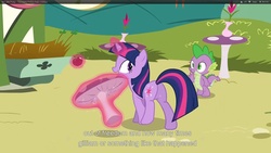 Size: 1920x1080 | Tagged: safe, edit, edited screencap, screencap, spike, twilight sparkle, dragon, pony, unicorn, g4, too many pinkie pies, apple, butt, caption, duo, duo male and female, female, food, levitation, magic, male, mare, mushroom table, plot, ponyville, telekinesis, unicorn twilight, youtube caption