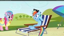 Size: 1920x1080 | Tagged: safe, screencap, pinkie pie, rainbow dash, g4, too many pinkie pies, beach chair, chair, sunglasses, wet mane, youtube caption