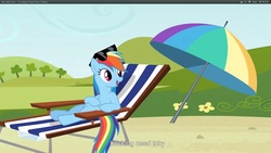 Size: 1920x1080 | Tagged: safe, screencap, rainbow dash, g4, my little pony: friendship is magic, too many pinkie pies, beach chair, chair, sunglasses, youtube caption