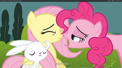 Size: 1920x1080 | Tagged: safe, screencap, angel bunny, fluttershy, pinkie pie, earth pony, pegasus, pony, rabbit, g4, my little pony: friendship is magic, too many pinkie pies, animal, youtube caption