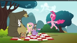 Size: 1920x1080 | Tagged: safe, screencap, angel bunny, fluttershy, pinkie pie, bear, chipmunk, ferret, mouse, squirrel, g4, too many pinkie pies, youtube caption