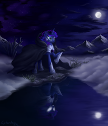 Size: 1800x2100 | Tagged: safe, artist:cyberdrace, nightmare moon, princess luna, pony, g4, armor, cloak, clothes, female, glowing eyes, moon, mountain, night, reflection, solo
