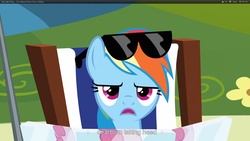 Size: 1920x1080 | Tagged: safe, screencap, rainbow dash, g4, my little pony: friendship is magic, too many pinkie pies, beach chair, chair, sunglasses, tanning mirror, youtube caption