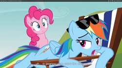 Size: 1920x1080 | Tagged: safe, screencap, pinkie pie, rainbow dash, g4, my little pony: friendship is magic, too many pinkie pies, beach chair, chair, sunbathing, sunglasses, youtube caption