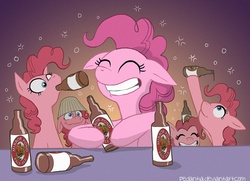 Size: 1243x900 | Tagged: safe, artist:pedantia, pinkie pie, earth pony, pony, g4, too many pinkie pies, beer, clone, drunk, drunk bubbles, female, fun fun fun, mare, multeity, pinkie clone, this will end in tears, too much pink energy is dangerous, xk-class end-of-the-world scenario