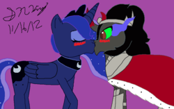 Size: 863x541 | Tagged: safe, artist:lalapie7, king sombra, princess luna, alicorn, pony, g4, blushing, female, kiss on the lips, kissing, male, mare, ship:lumbra, shipping, straight