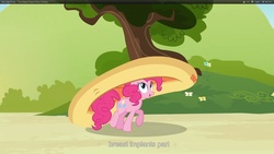 Size: 1920x1080 | Tagged: safe, screencap, pinkie pie, earth pony, pony, g4, too many pinkie pies, female, inflatable boat, inflatable raft, mare, solo, tree, youtube caption