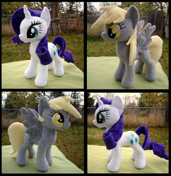 Size: 1925x1989 | Tagged: safe, artist:fireflytwinkletoes, derpy hooves, rarity, pegasus, pony, unicorn, g4, horn, irl, outdoors, photo, plushie, spread wings, wings