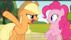 Size: 1920x1080 | Tagged: safe, screencap, applejack, pinkie pie, g4, my little pony: friendship is magic, too many pinkie pies, youtube caption