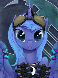 Size: 900x1200 | Tagged: safe, artist:xn-d, princess luna, pony, g4, close-up, female, goggles, looking at you, s1 luna, solo