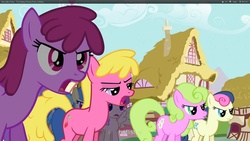 Size: 1920x1080 | Tagged: safe, screencap, berry punch, berryshine, bon bon, cherry berry, daisy, dizzy twister, flower wishes, lemon hearts, orange swirl, sweetie drops, earth pony, pony, g4, too many pinkie pies, background pony, bon bon is not amused, youtube caption