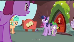 Size: 1920x1080 | Tagged: safe, screencap, berry punch, berryshine, jubileena, spike, twilight sparkle, dragon, earth pony, pony, unicorn, g4, season 3, too many pinkie pies, baby, baby dragon, background pony, female, gasp, golden oaks library, male, mare, unicorn twilight, youtube caption