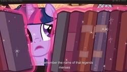 Size: 1920x1080 | Tagged: safe, screencap, twilight sparkle, unicorn, g4, my little pony: friendship is magic, too many pinkie pies, book, golden oaks library, magic, solo, telekinesis, unicorn twilight, youtube caption