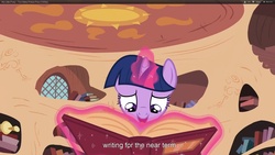 Size: 1920x1080 | Tagged: safe, screencap, twilight sparkle, unicorn, g4, my little pony: friendship is magic, too many pinkie pies, book, golden oaks library, magic, solo, telekinesis, unicorn twilight, youtube caption