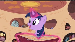 Size: 1920x1080 | Tagged: safe, screencap, twilight sparkle, unicorn, g4, too many pinkie pies, book, golden oaks library, magic, solo, telekinesis, unicorn twilight, youtube caption