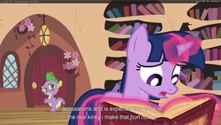 Size: 1920x1080 | Tagged: safe, screencap, spike, twilight sparkle, dragon, g4, too many pinkie pies, book, duo, duo male and female, female, golden oaks library, magic, male, telekinesis, youtube caption