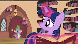 Size: 1920x1080 | Tagged: safe, screencap, spike, twilight sparkle, dragon, unicorn, g4, too many pinkie pies, duo, duo male and female, female, golden oaks library, male, unicorn twilight, youtube caption