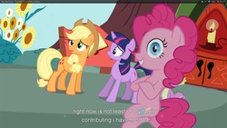 Size: 1920x1080 | Tagged: safe, screencap, applejack, pinkie pie, spike, twilight sparkle, dragon, g4, too many pinkie pies, golden oaks library, male, youtube caption