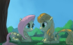 Size: 1238x768 | Tagged: safe, artist:grissaecrim, carrot top, fluttershy, golden harvest, earth pony, pegasus, pony, g4, duo, lying, ponyloaf, prone, tree, under the tree