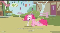 Size: 1920x1080 | Tagged: safe, screencap, pinkie pie, g4, my little pony: friendship is magic, too many pinkie pies, mushroom table, ponyville, solo, youtube caption