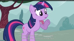 Size: 1920x1080 | Tagged: safe, screencap, pinkie pie, twilight sparkle, unicorn, g4, my little pony: friendship is magic, too many pinkie pies, horn, raised hoof, solo, youtube caption