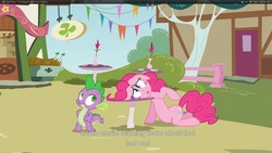 Size: 1920x1080 | Tagged: safe, screencap, pinkie pie, spike, dragon, g4, my little pony: friendship is magic, too many pinkie pies, duo, duo male and female, female, male, mushroom table, ponyville, youtube caption