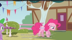 Size: 1920x1080 | Tagged: safe, screencap, pinkie pie, spike, dragon, g4, my little pony: friendship is magic, too many pinkie pies, duo, duo male and female, female, male, mushroom table, ponyville, youtube caption