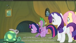 Size: 1920x1080 | Tagged: safe, edit, edited screencap, screencap, fluttershy, rarity, spike, tank, twilight sparkle, dragon, pony, rabbit, squirrel, tortoise, unicorn, g4, too many pinkie pies, animal, butt, caption, dragons riding ponies, female, male, mare, plot, riding, youtube caption