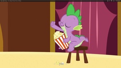 Size: 1920x1080 | Tagged: safe, screencap, spike, dragon, g4, too many pinkie pies, food, male, popcorn, solo, stool, yes, youtube caption