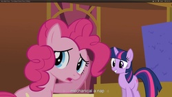 Size: 1920x1080 | Tagged: safe, screencap, pinkie pie, twilight sparkle, g4, my little pony: friendship is magic, too many pinkie pies, youtube caption