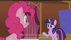 Size: 1920x1080 | Tagged: safe, screencap, pinkie pie, twilight sparkle, g4, my little pony: friendship is magic, too many pinkie pies, youtube caption